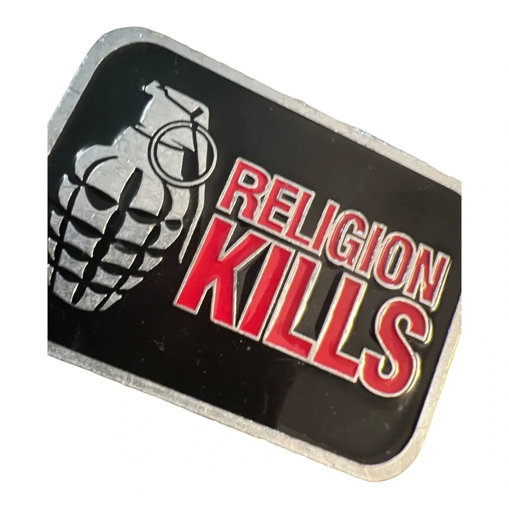 Y2K Vintage Religion Kills Metal Belt Buckle, by Distortion Boarding, Unisex‎